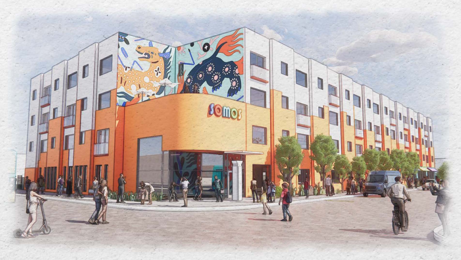 Illustration of 4 story apartment building with colorful exterior, multicultural mural over entrance and people walking in the streets